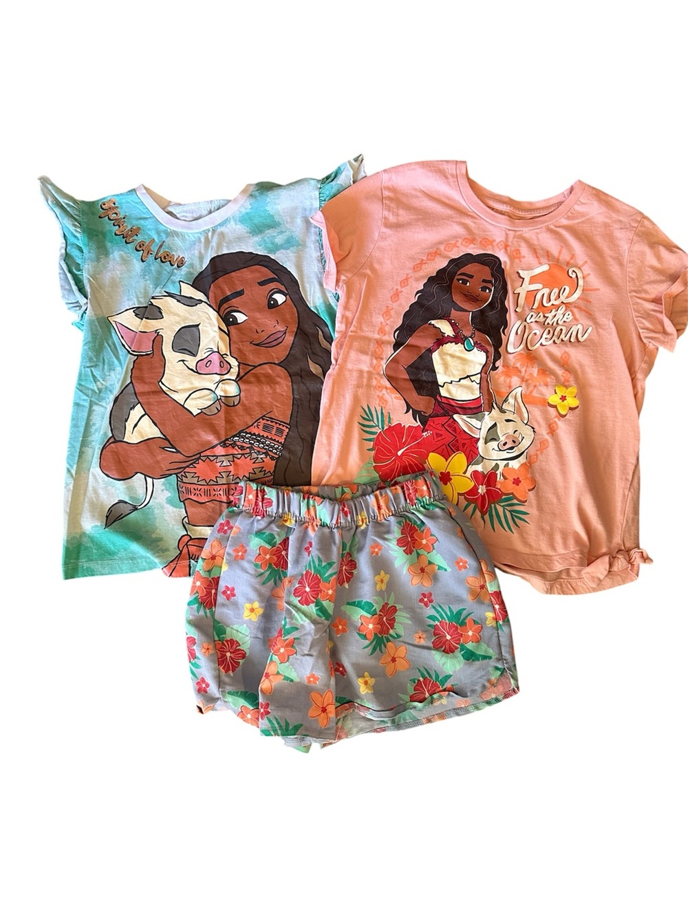 Disney Moana Girls 3pc tshirt/short set 10/12  Floral Pua Tie Dye